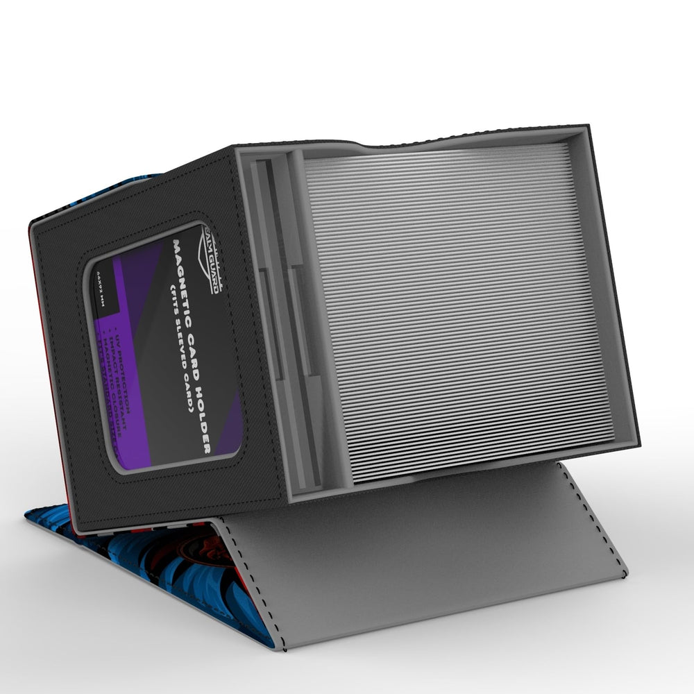 Realm Guard magnetic holder secures commander cards during transport.