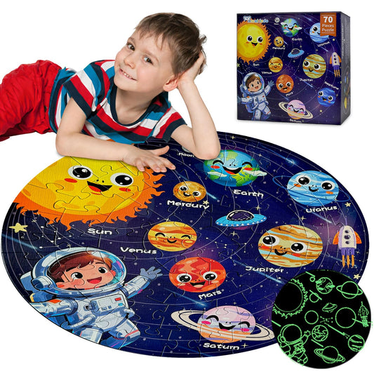 Realrindo solar system floor puzzle: mercury piece glows softly for nighttime exploration.