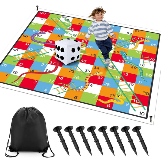 Realspring giant snakes and ladders mat set up for quick indoor or outdoor play.