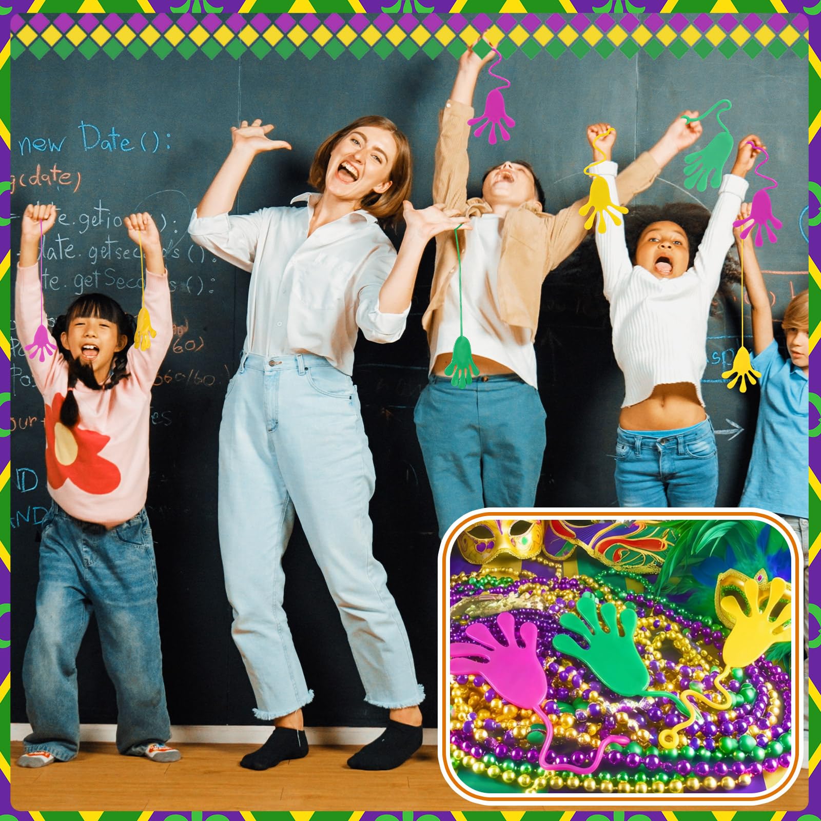 RealSpring Mardi Gras sticky hands in action for interactive play at parties