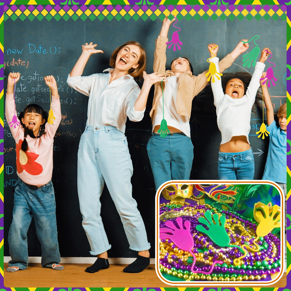 RealSpring Mardi Gras sticky hands in action for interactive play at parties