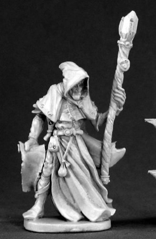 Reaper Satheras Elf Warlock miniature for tabletop gaming, ideal for painting and assembly.