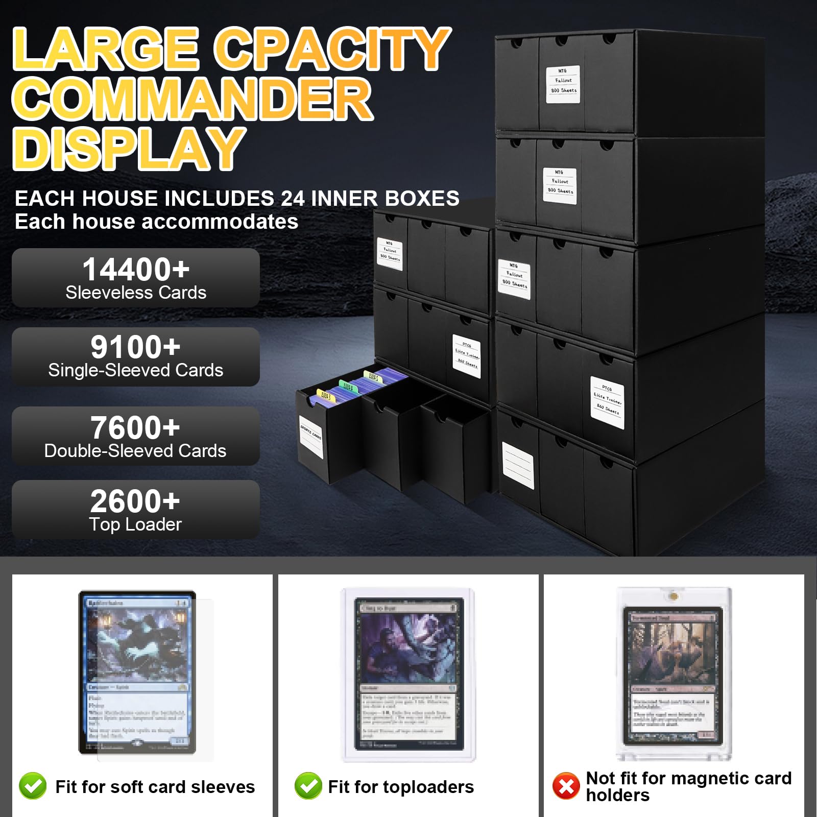 REAQUE top loader box holds 9100+ single-sleeved cards in organized trays.