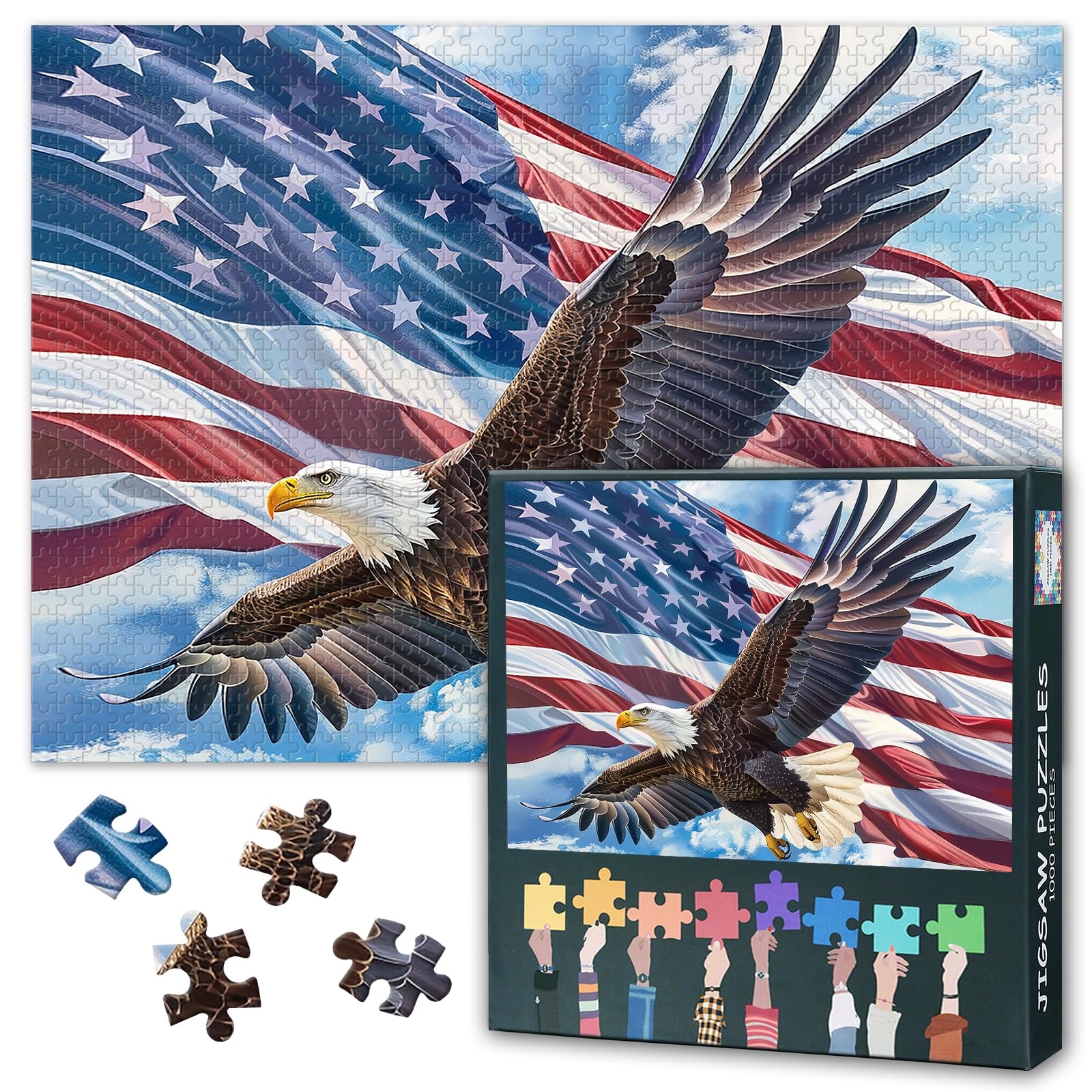 Rebotipy bald eagle soaring above blue sky, a striking puzzle centerpiece.