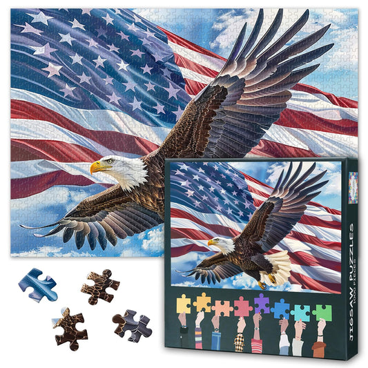 Rebotipy bald eagle soaring above blue sky, a striking puzzle centerpiece.