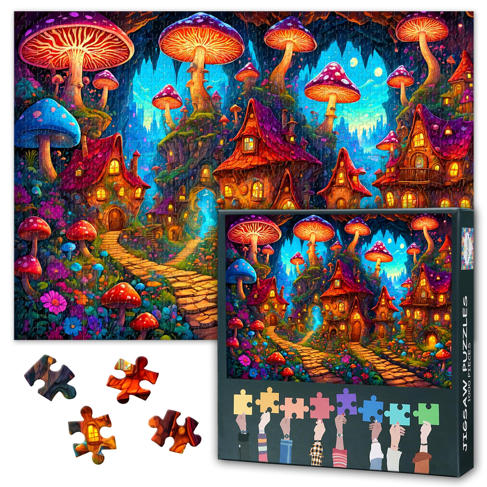 Rebotipy fantasy mushroom forest cabin puzzle setup for cozy family game night.