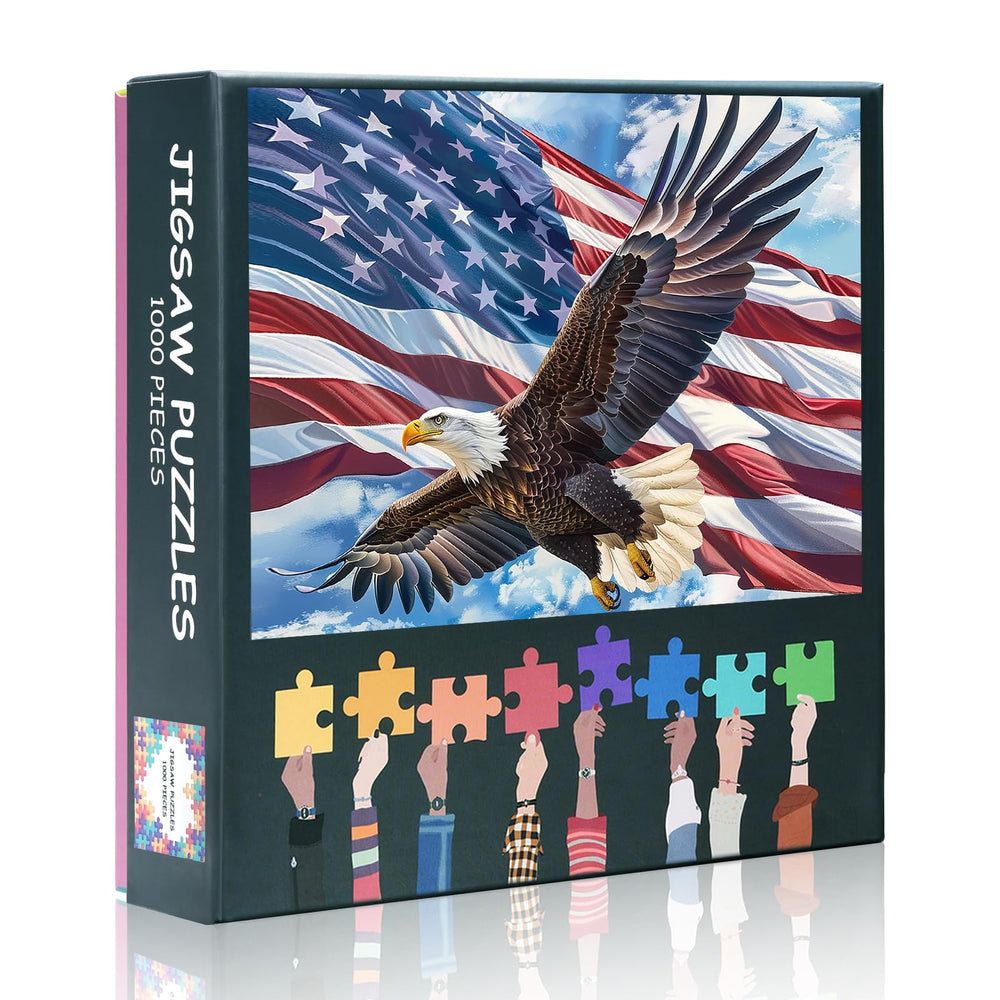 Rebotipy bald eagle puzzle with US flag against a blue sky for family time.