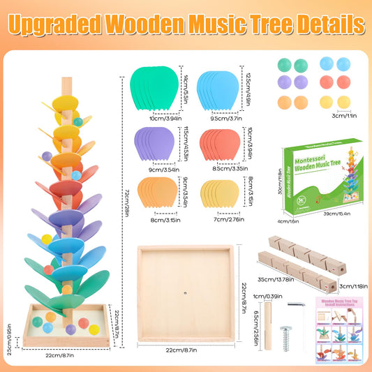 RECEKA wooden ball drop tree assembled, showcasing durable pillars and rich wood grain.