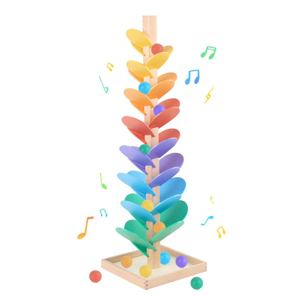 RECEKA marble run top view with colorful leaves and 3 cm balls for focus.