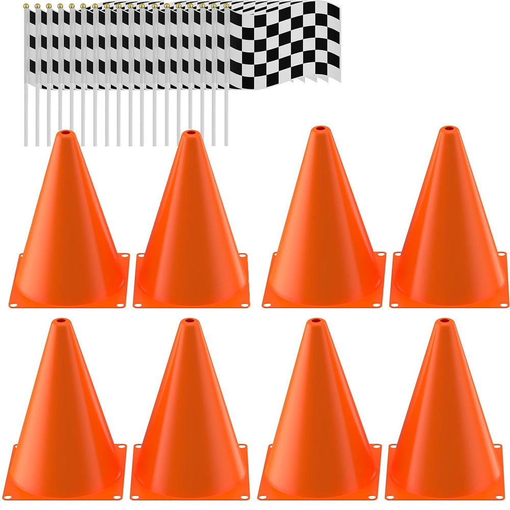 RECER traffic cones with hole-top for easy flag insertion and quick party setup
