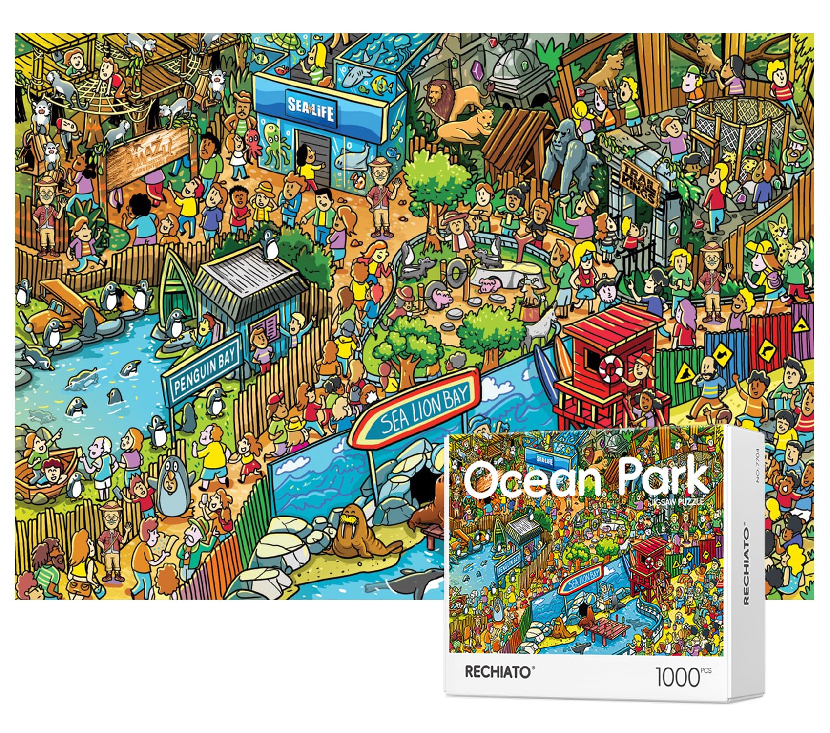 RECHIATO Ocean Park puzzle box art showcases bright scenery for engaging family activity.
