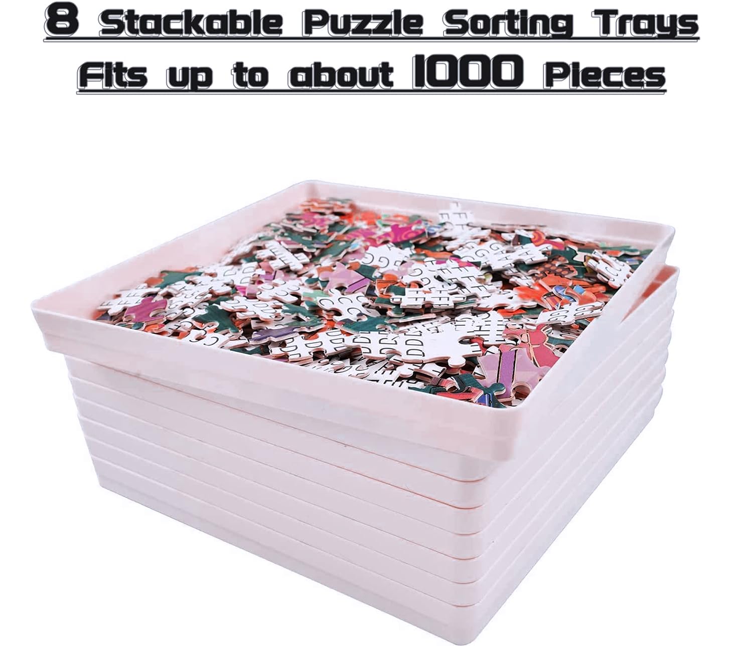 RECHIATO puzzle trays stackable 8-pack demonstrating space-saving design.