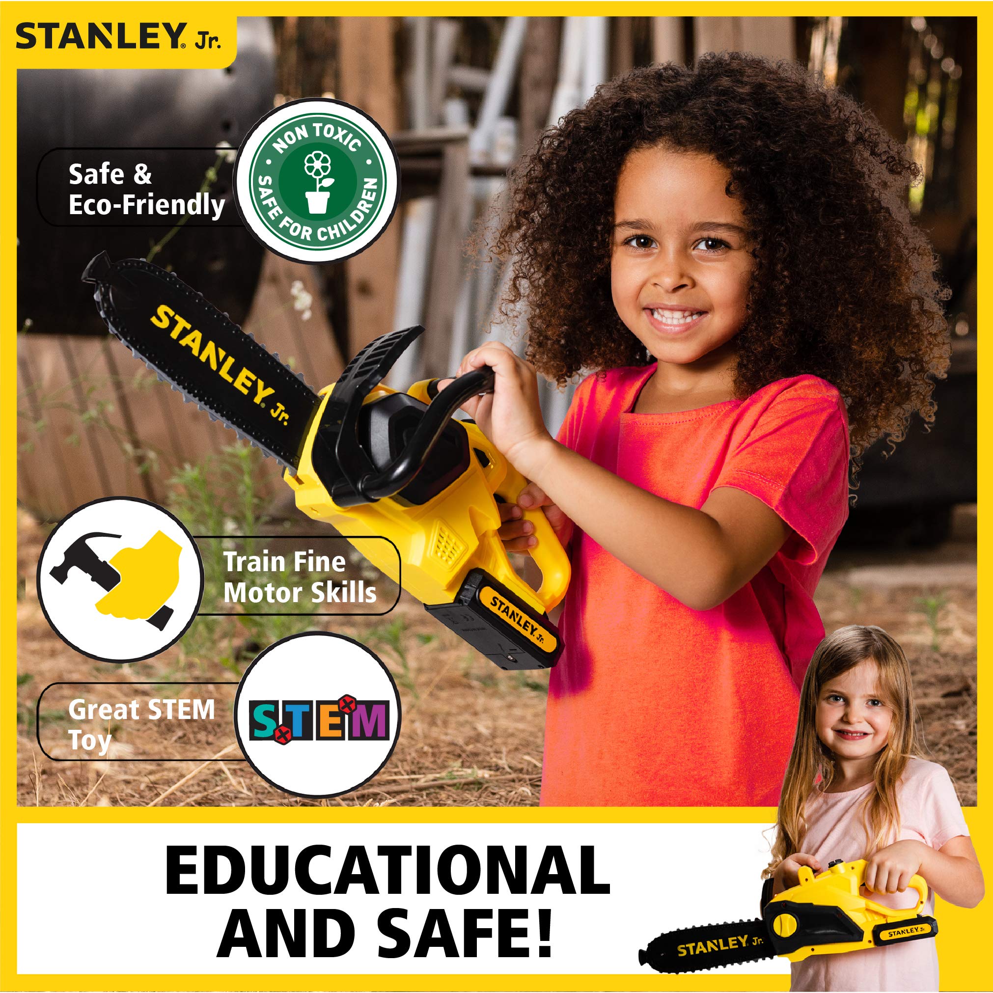 Red Toolbox Stanley Jr chainsaw yellow suitable for ages 3 and up, encouraging exploration.