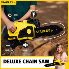Red Toolbox Stanley Jr chainsaw yellow detailed handle for comfortable grip during role-play.