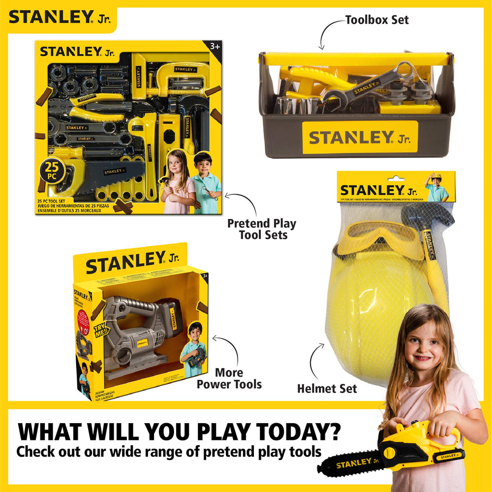 Red Toolbox Stanley Jr chainsaw yellow attractive design sparks imaginative outdoor activities.