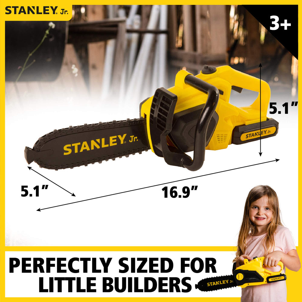 Red Toolbox Stanley Jr chainsaw yellow realistic sounds enhance outdoor pretend play.