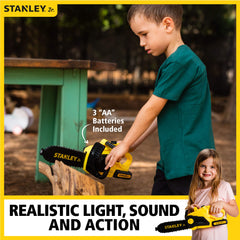 Red Toolbox Stanley Jr chainsaw yellow safe ABS plastic for worry-free play.