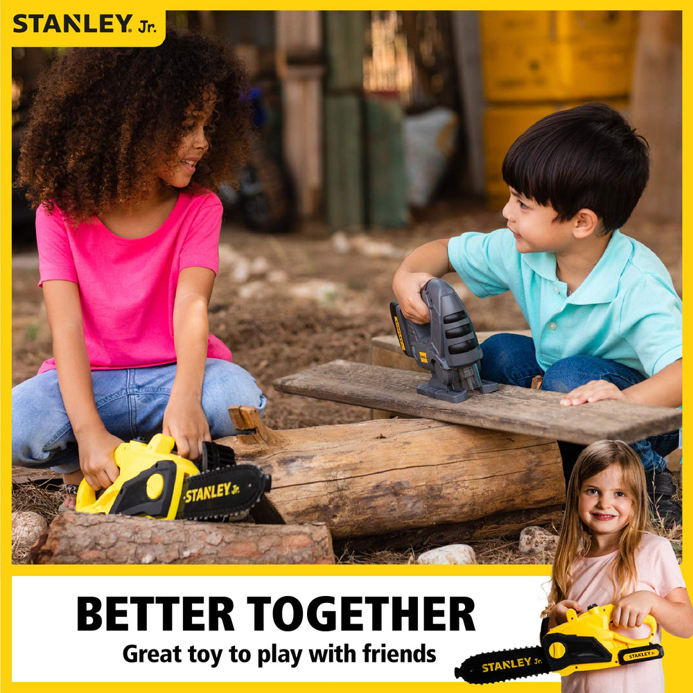 Red Toolbox Stanley Jr chainsaw yellow safe, active play design for kids.