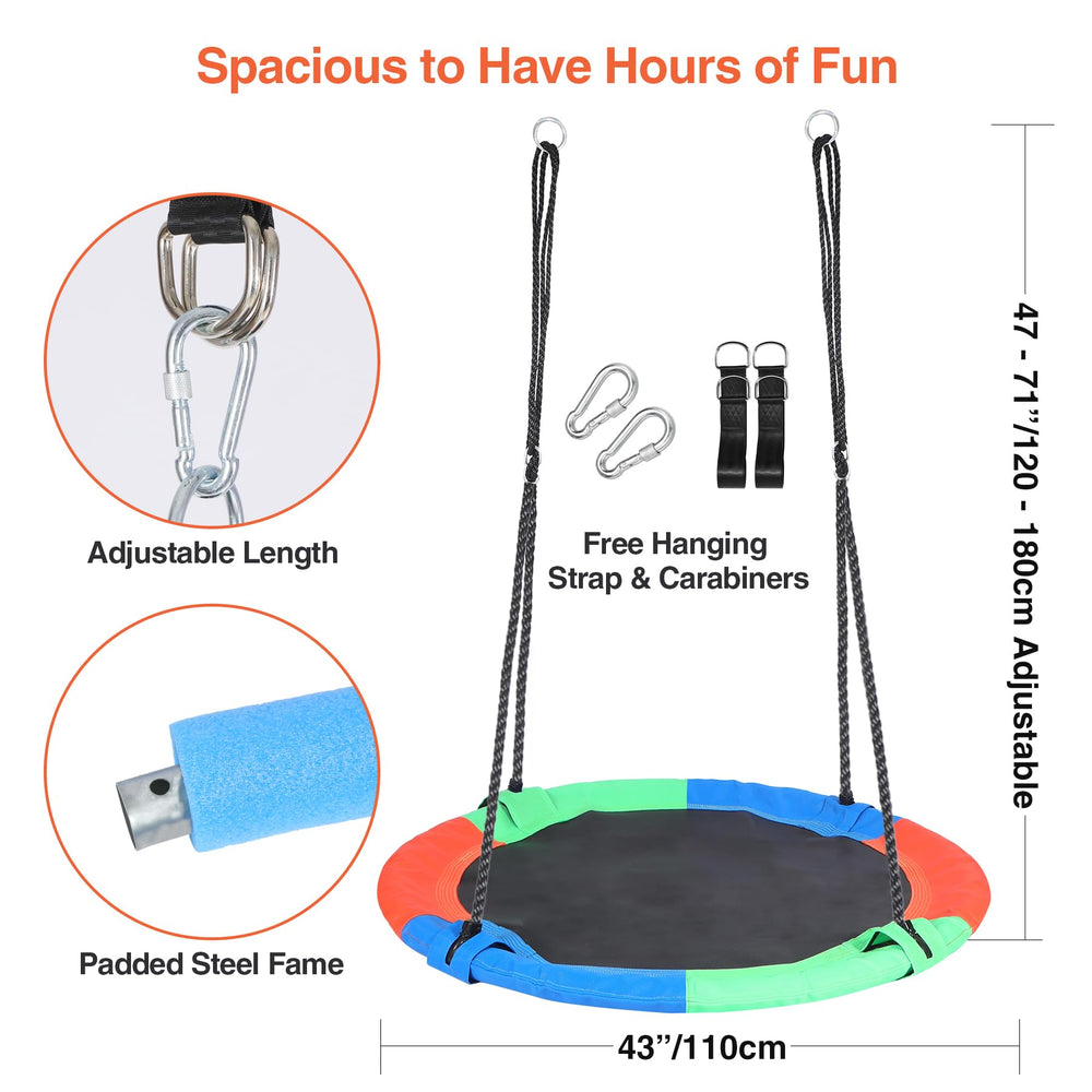 RedSwing rainbow flying saucer seat accommodates 2-3 kids outdoors.