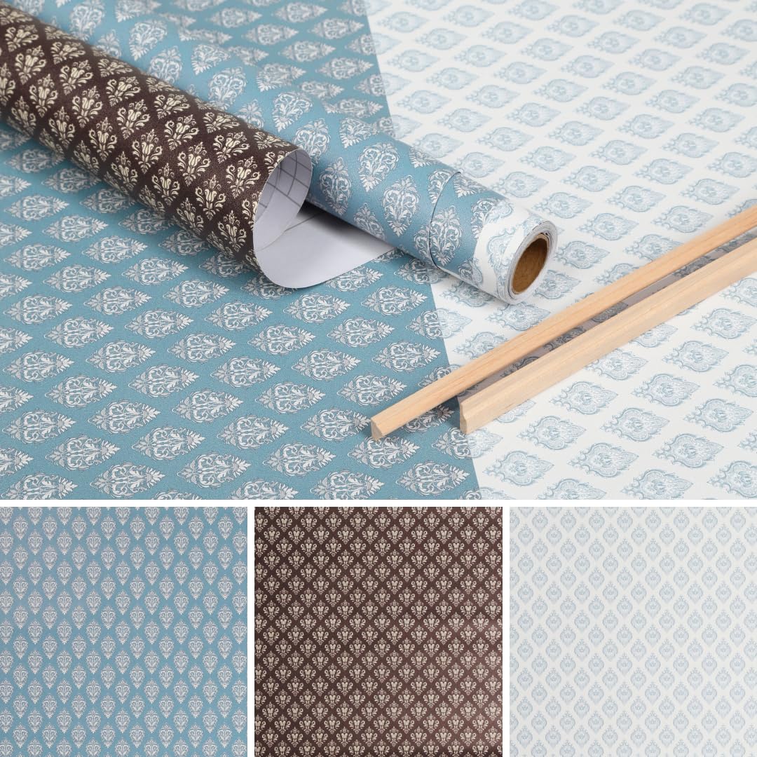 REDUCIO! Dollhouse wallpaper blue-ivory damask highlights elegant 1:12 interiors.