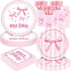 REDWORD pink bow plates for easy, coordinated birthday tableware.