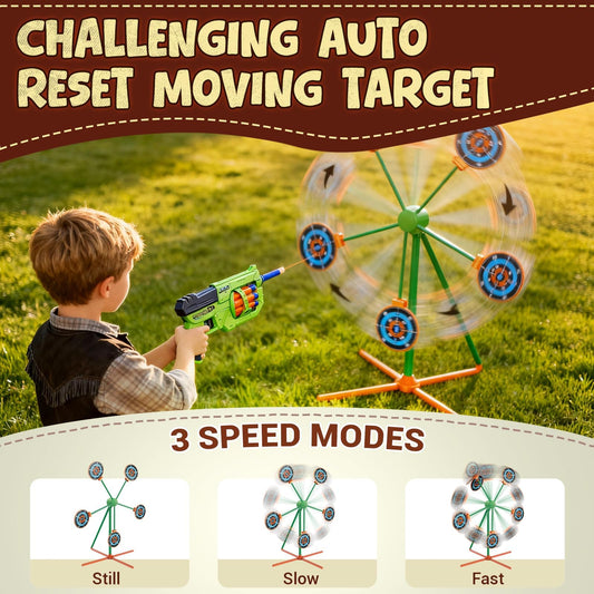 Dynamic spinning auto-reset target with adjustable speed modes for progression.