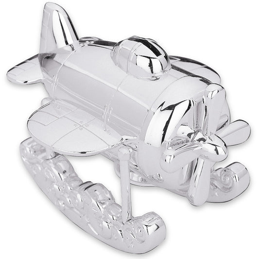 Reed & Barton 624 Zoom Zoom airplane coin bank with a gleaming silver-plated finish, ideal for teaching saving