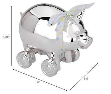 Reed & Barton piggy wheels on display shelf adds nostalgic decor and savings lesson.