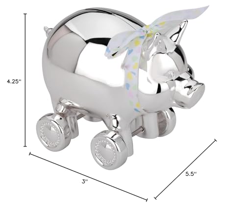 Reed & Barton piggy wheels on display shelf adds nostalgic decor and savings lesson.