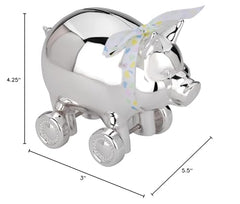 Reed & Barton piggy wheels on display shelf adds nostalgic decor and savings lesson.
