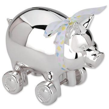 Reed & Barton piggy bank with wheels in silverplate for playful savings.