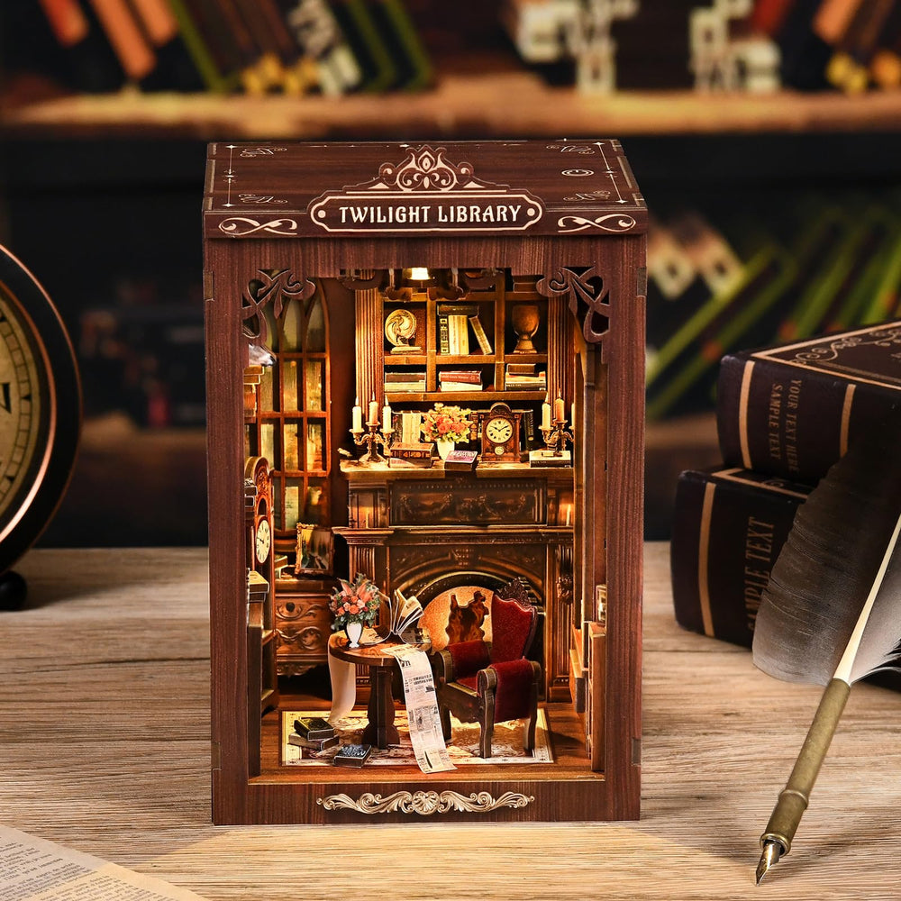 Reenovan Twilight Library Kit lit view, warm LED glow enhances cozy reading corners.