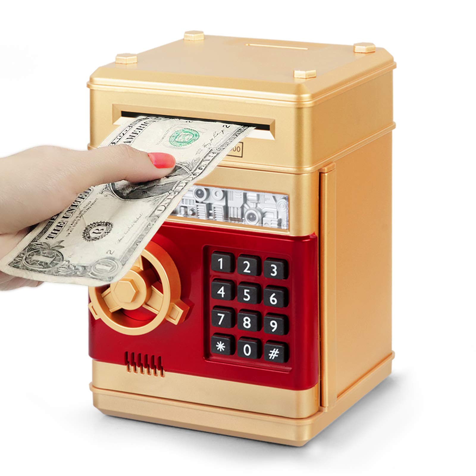 Refasy money bank for kids gold front view shows secure, kid-friendly design.