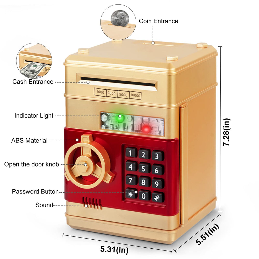 Refasy money bank for kids gold open door demonstrates password protection feature.