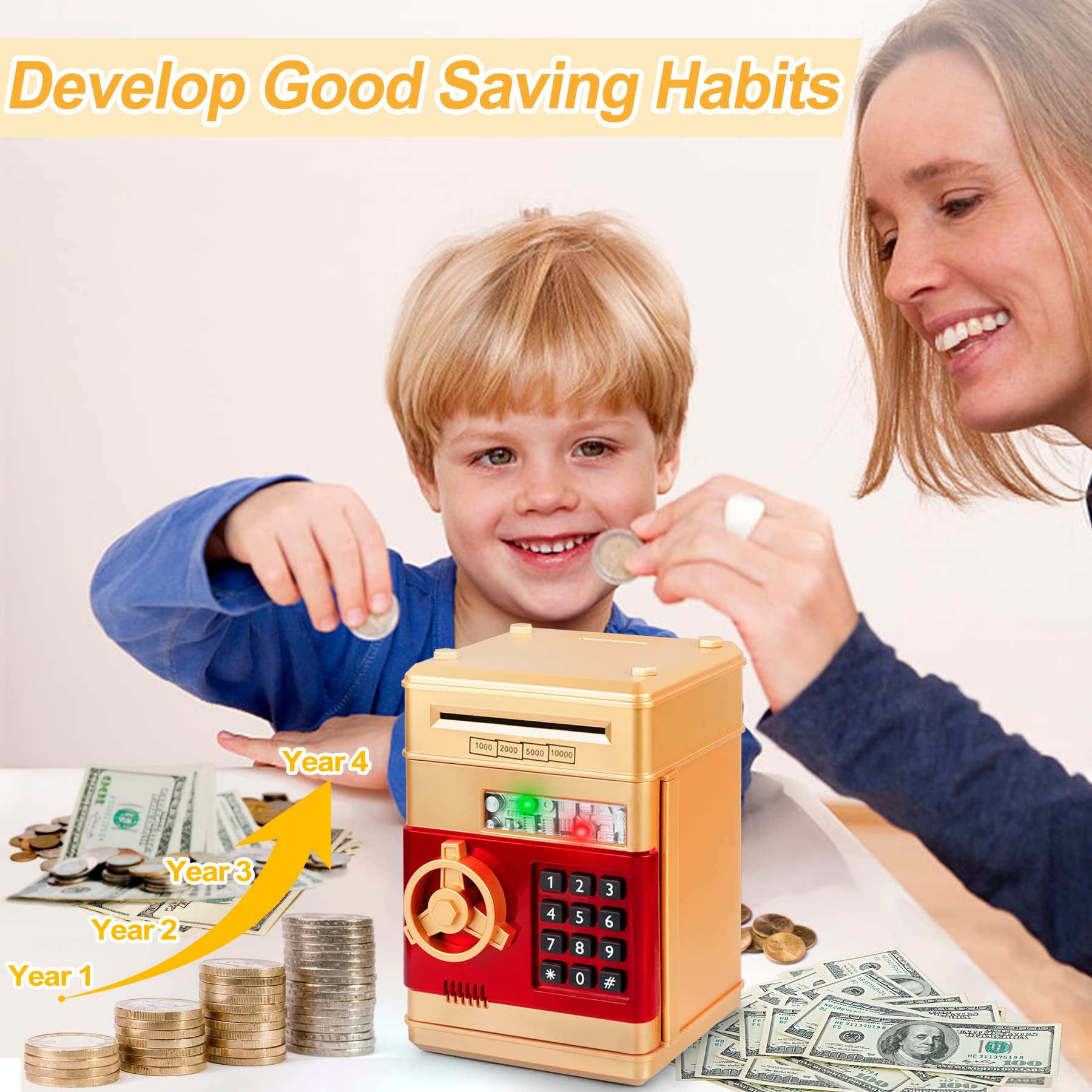 Refasy money bank for kids gold side view highlights compact, storage-ready design.