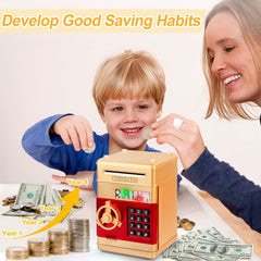 Refasy money bank for kids gold side view highlights compact, storage-ready design.