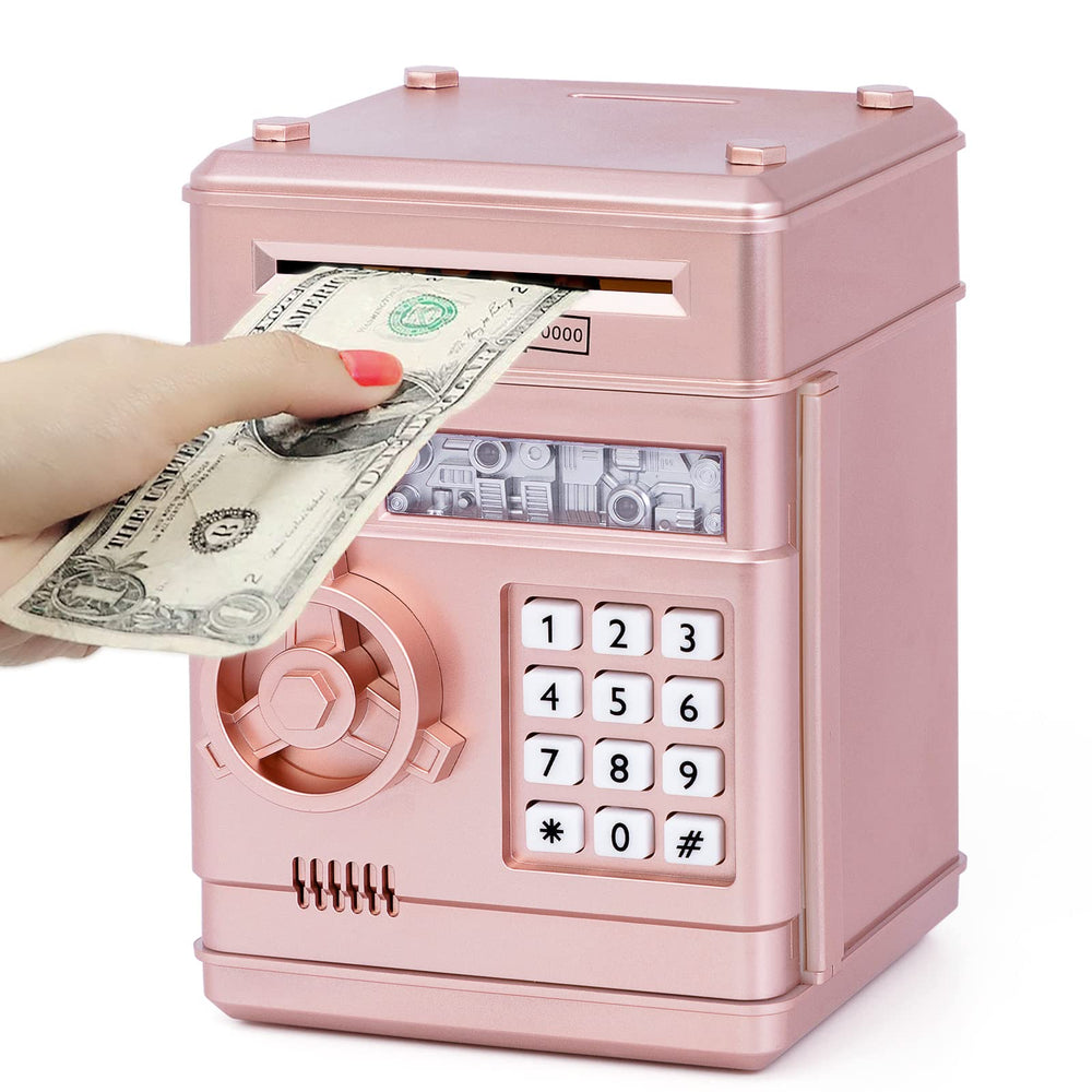 Refasy piggy bank toy with rose gold body highlights safe ABS construction for kids.