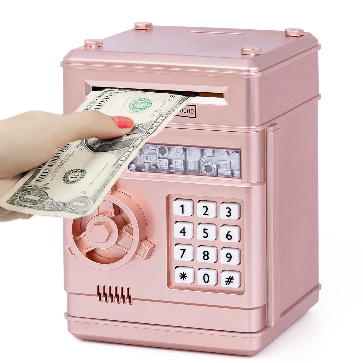 Refasy piggy bank toy with rose gold body highlights safe ABS construction for kids.