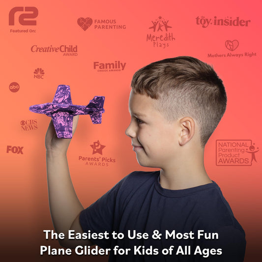 Refresh Sports foam airplanes in backyard promoting active outdoor play.