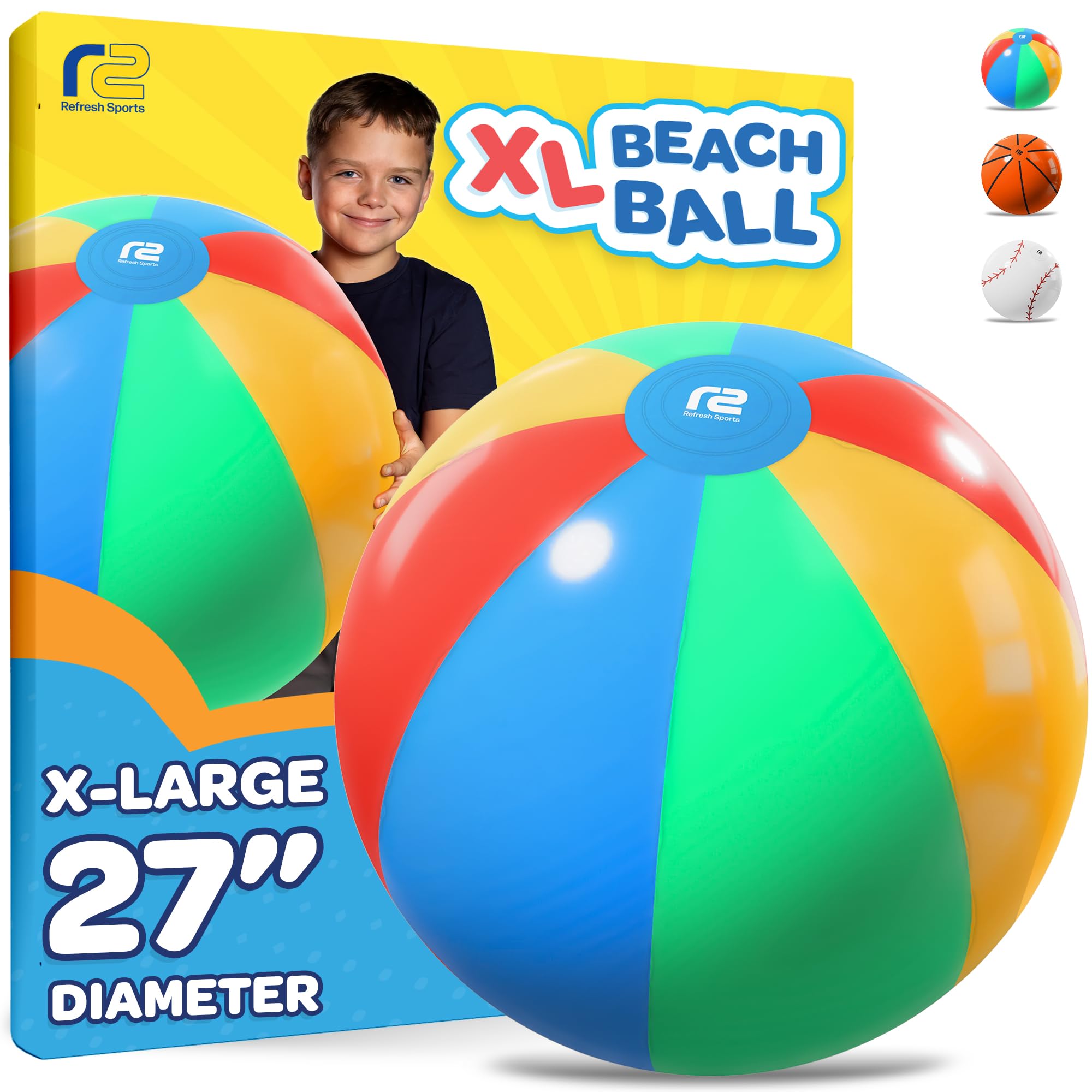 Refresh Sports giant beach ball 27 inch inflates quickly for pool parties.