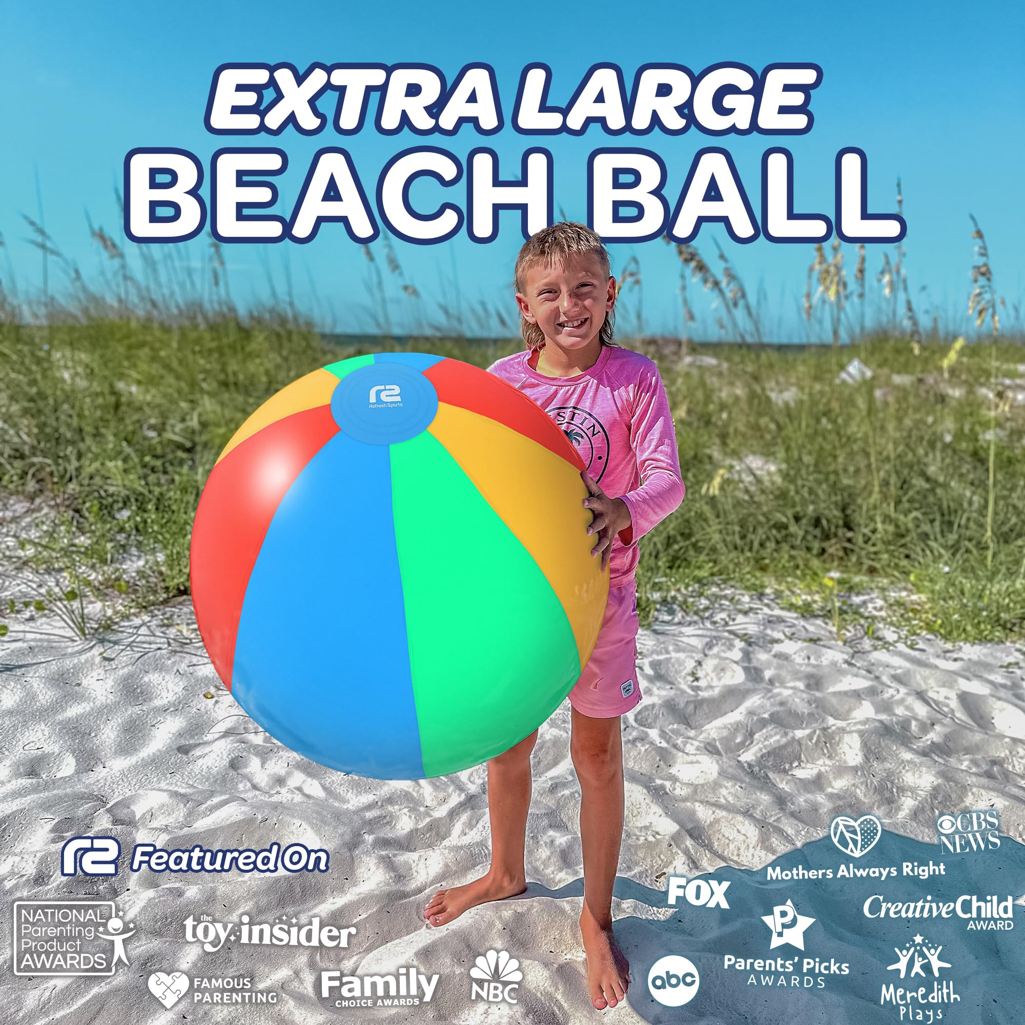Refresh Sports 27 inch inflatable beach ball with bold rainbow colors for outdoor fun.