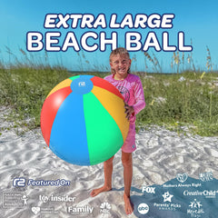 Refresh Sports 27 inch inflatable beach ball with bold rainbow colors for outdoor fun.