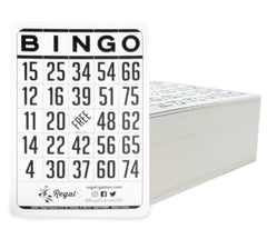 Regal Bingo classic white sheets with clear numbers for repeated use.