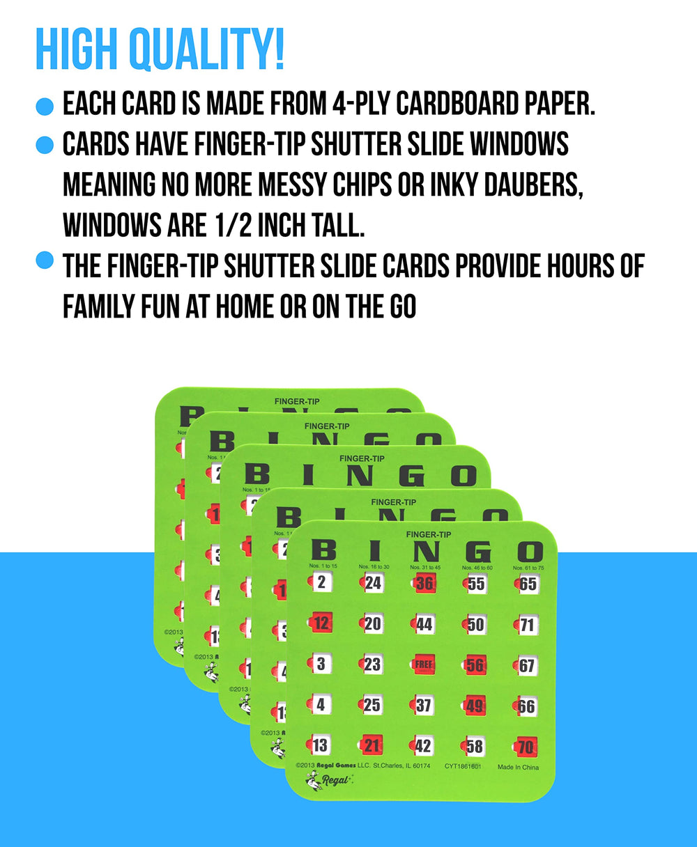 Regal Games 4-ply cardboard bingo cards designed for durable reuse.