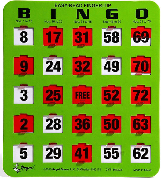 Regal Games sliding-window bingo cards for quick, clean marking.