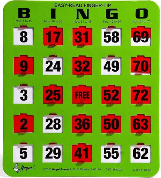 Regal Games bingo cards sliding windows green pack front for quick, mess-free play.