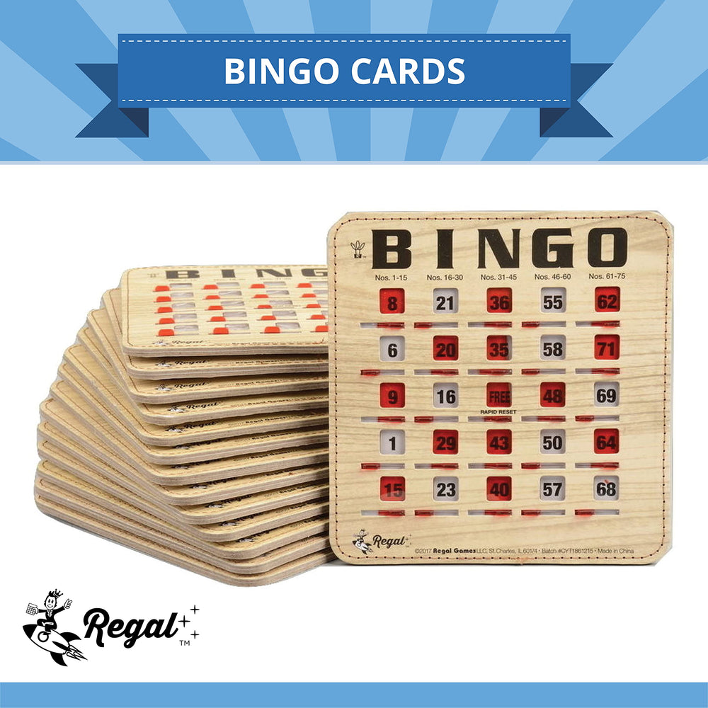 Regal Games bingo cards with sliding windows for easy number reveals.