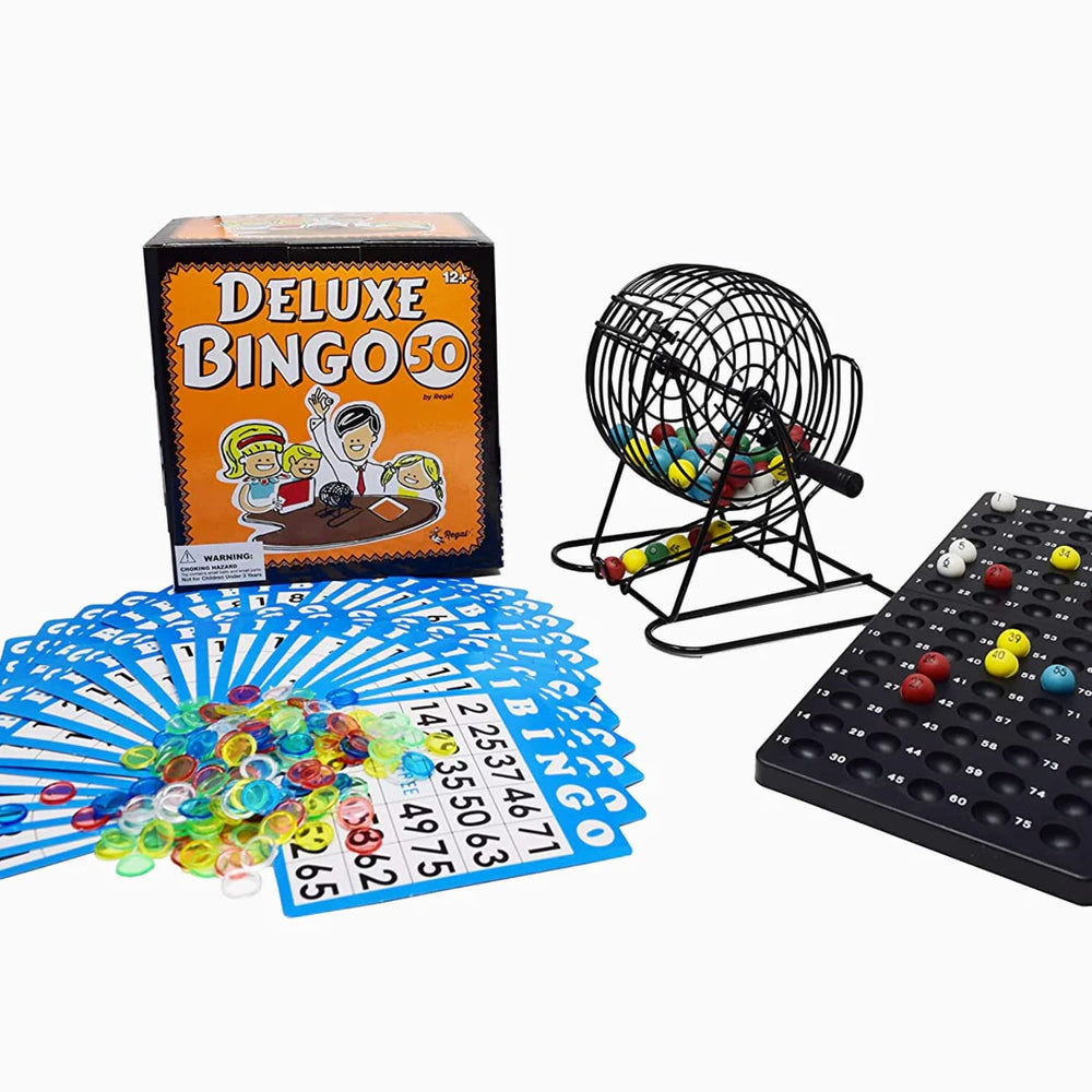 Regal Games Bingo Deluxe wheel cage enables quick, fair spins during family game night.