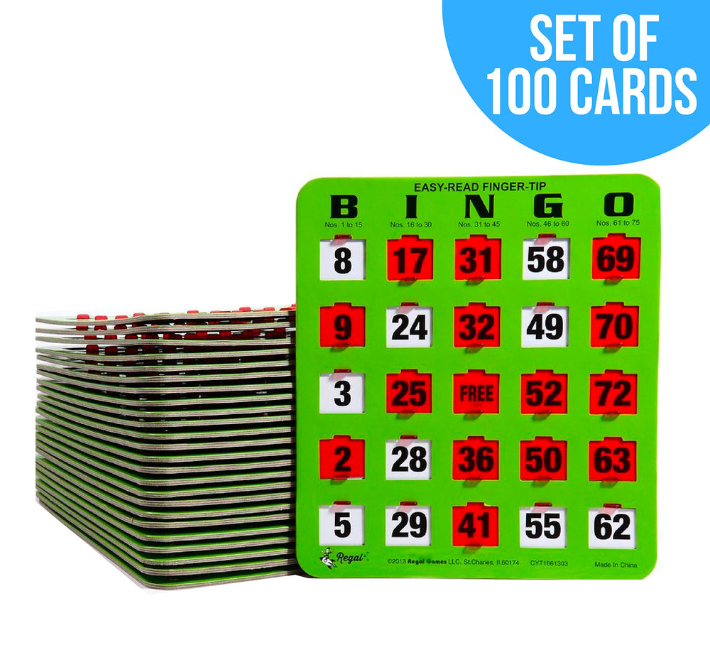 Regal Games bulk 100-pack bingo cards with durable 4-ply cardboard.
