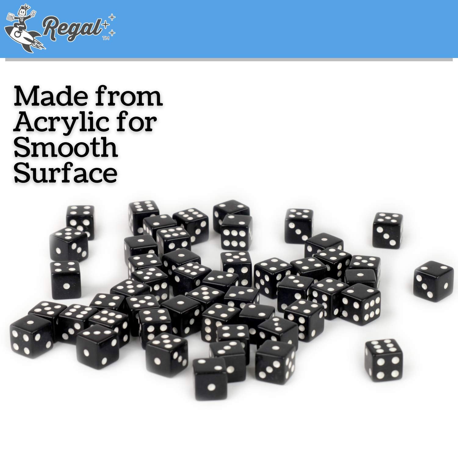 Regal Games black dice used in crafts and decorative projects.